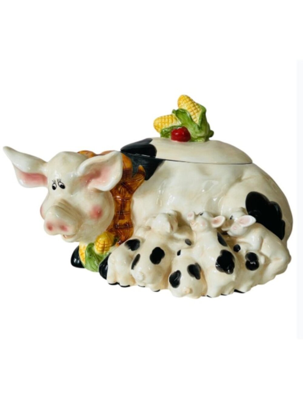 Vintage Whimsical Mother Pig and Nursing Piglets Cookie Jar Farm Harvest Theme